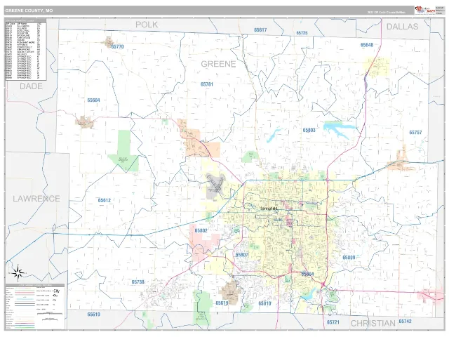 Greene County, MO ZIP Code Wall Map, Classic style