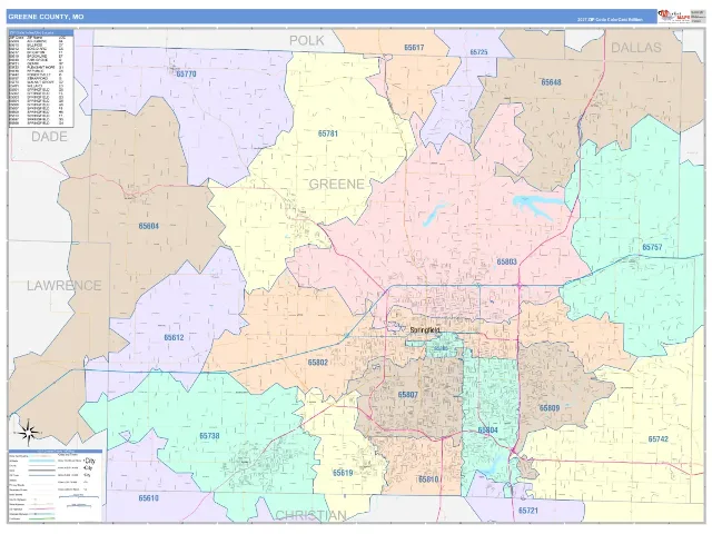 Greene County, MO ZIP Code Wall Map, ColorCast style