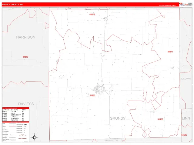 Grundy County, MO ZIP Code Wall Map, RedLine style