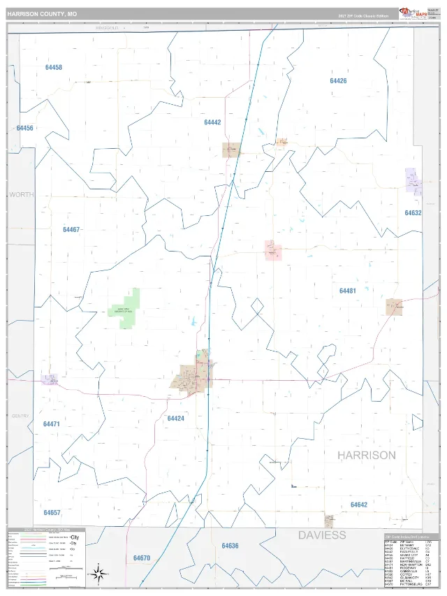 Harrison County, MO ZIP Code Wall Map, Classic style