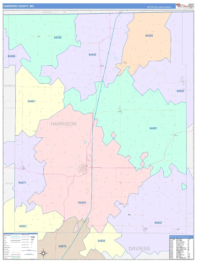 Harrison County, MO ZIP Code Wall Map, ColorCast style