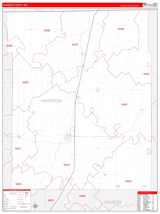 Harrison County, MO ZIP Code Wall Map, RedLine style