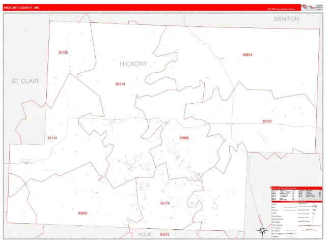 Hickory County, MO ZIP Code Wall Map, RedLine style