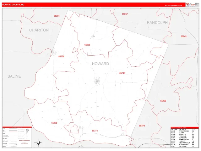 Howard County, MO ZIP Code Wall Map, RedLine style