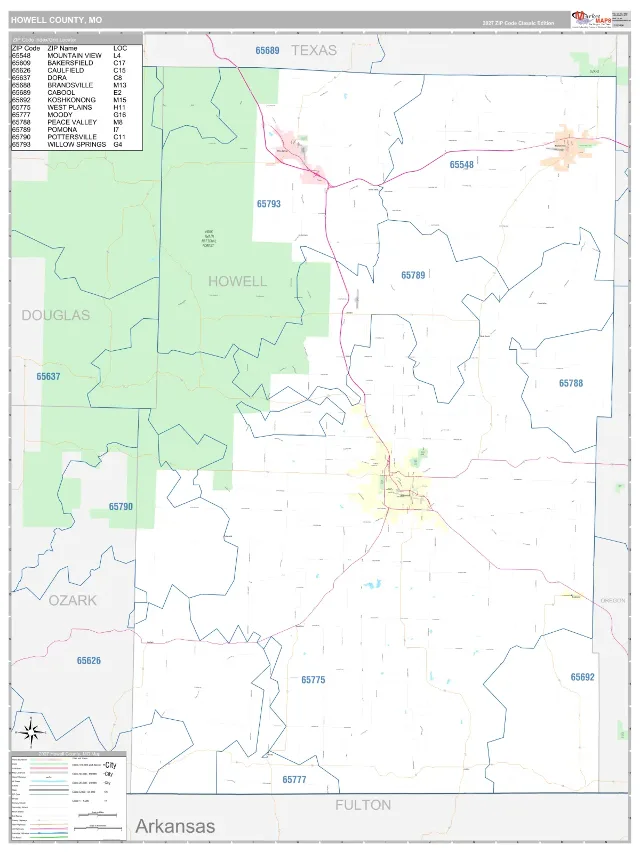 Howell County, MO ZIP Code Wall Map, Classic style