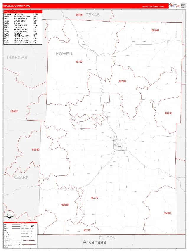 Howell County, MO ZIP Code Wall Map, RedLine style