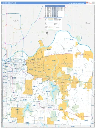 Jackson County, MO Business Reference style ZIP Code wall map