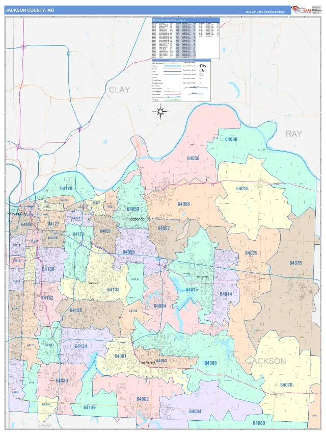 Jackson County, MO ZIP Code Wall Map, ColorCast style