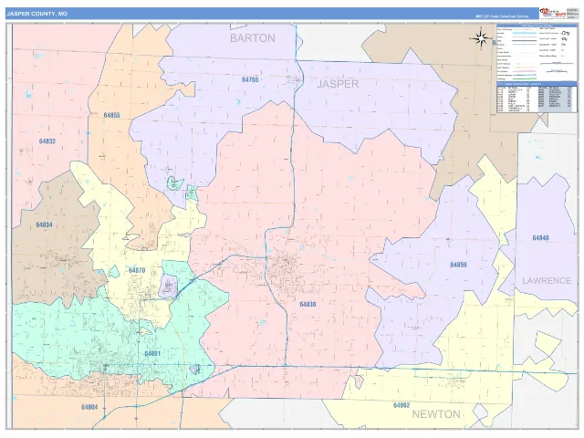 Jasper County, MO ZIP Code Wall Map, ColorCast style