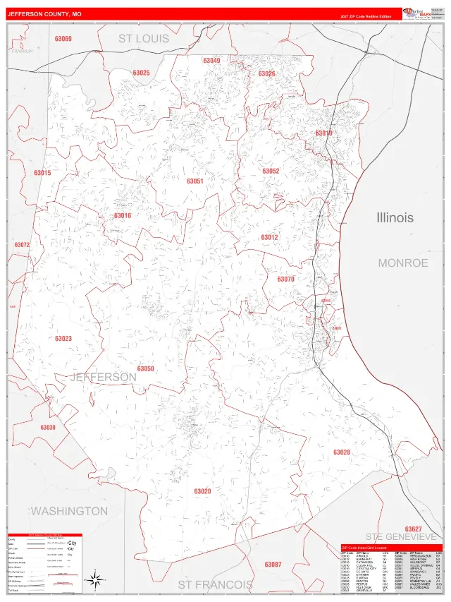 Jefferson County, MO ZIP Code Wall Map, RedLine style
