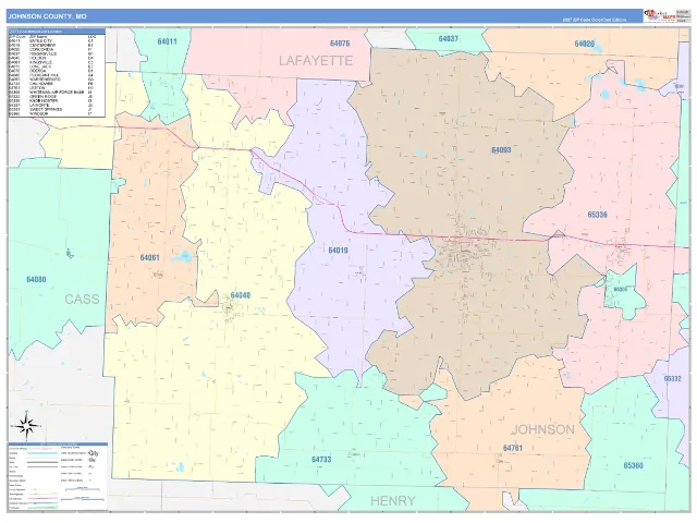 Johnson County, MO ZIP Code Wall Map, ColorCast style