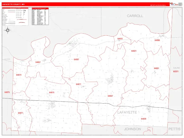 Lafayette County, MO ZIP Code Wall Map, RedLine style