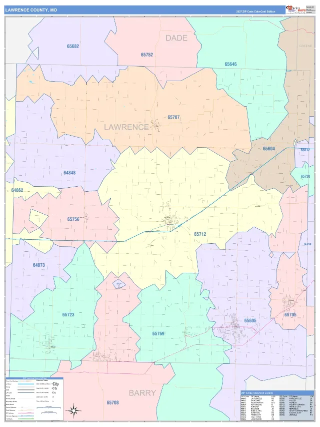 Lawrence County, MO ZIP Code Wall Map, ColorCast style