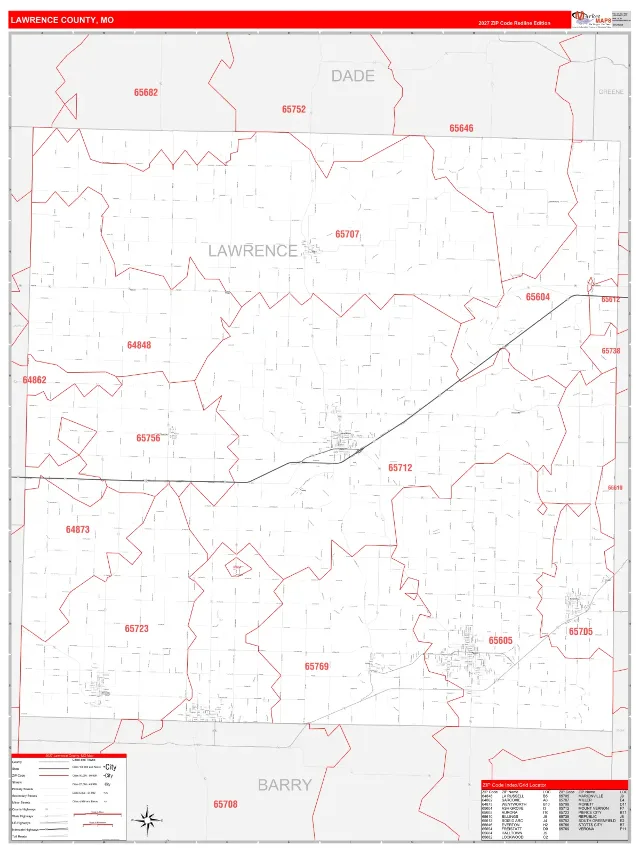 Lawrence County, MO ZIP Code Wall Map, RedLine style