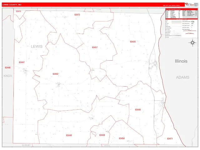 Lewis County, MO ZIP Code Wall Map, RedLine style