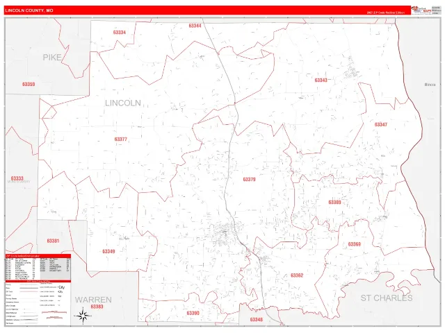 Lincoln County, MO ZIP Code Wall Map, RedLine style