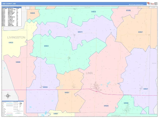 Linn County, MO ZIP Code Wall Map, ColorCast style