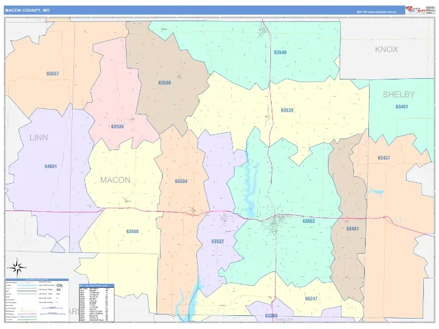 Macon County, MO ZIP Code Wall Map, ColorCast style