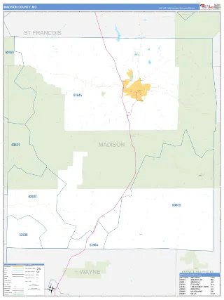 Madison County, MO Business Reference style ZIP Code wall map