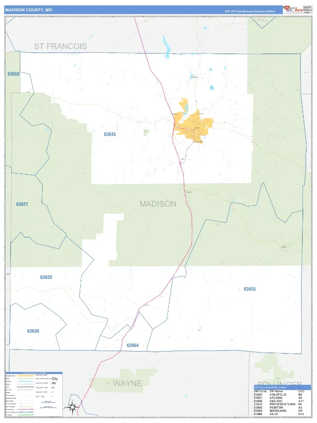 Madison County, MO ZIP Code Wall Map, Business Reference style