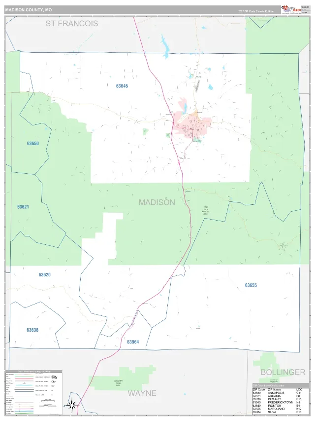 Madison County, MO ZIP Code Wall Map, Classic style