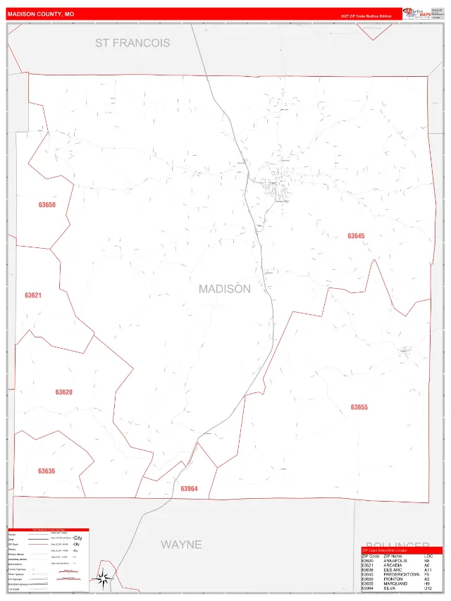 Madison County, MO ZIP Code Wall Map, RedLine style