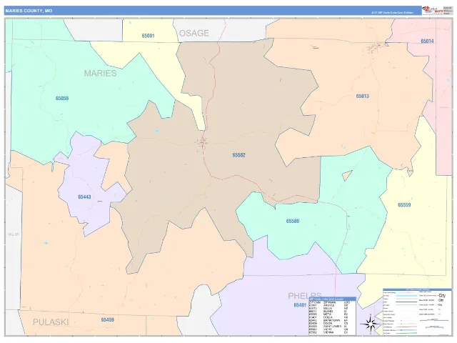 Maries County, MO ZIP Code Wall Map, ColorCast style