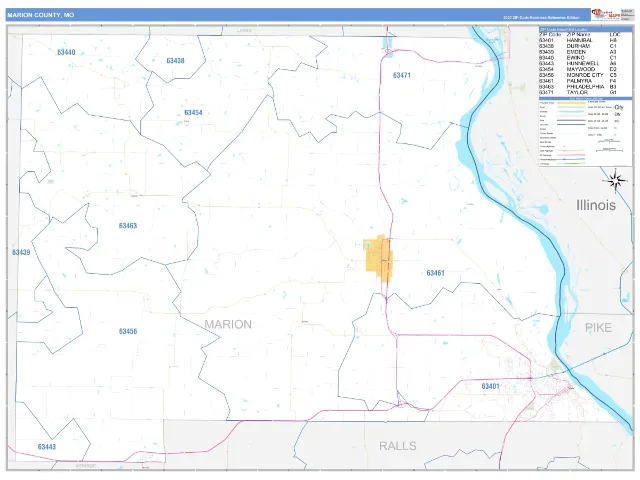 Marion County, MO ZIP Code Wall Map, Business Reference style