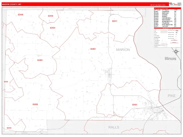 Marion County, MO ZIP Code Wall Map, RedLine style