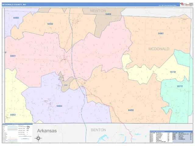 McDonald County, MO ZIP Code Wall Map, ColorCast style