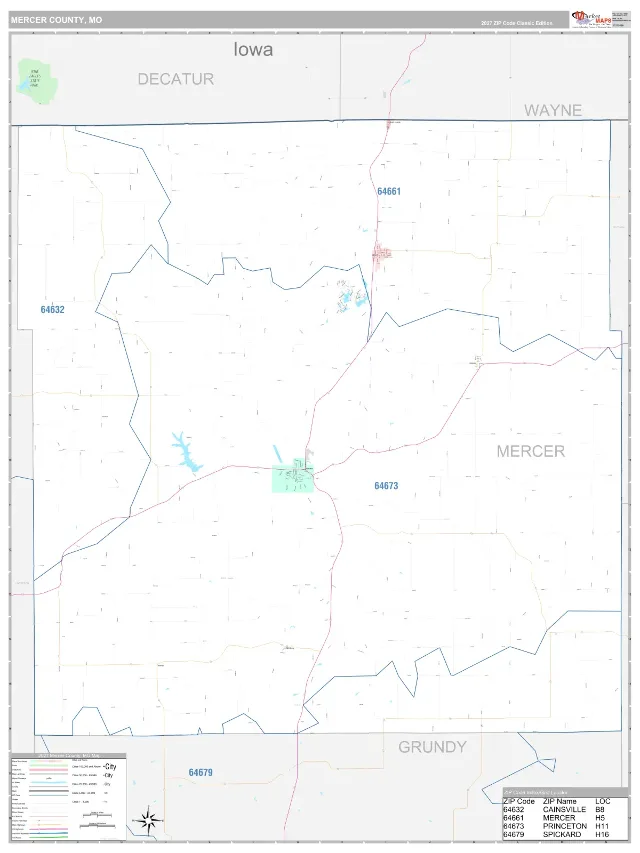 Mercer County, MO ZIP Code Wall Map, Classic style