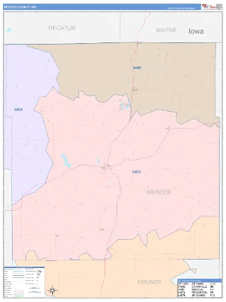 Mercer County, MO ColorCast style ZIP Code wall map