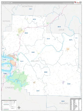 Miller County, MO Classic style ZIP Code wall map