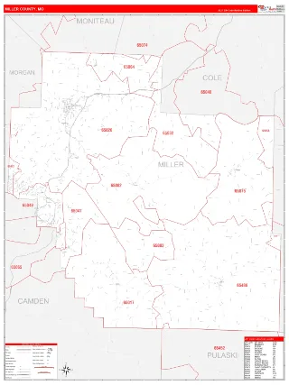 Miller County, MO RedLine style ZIP Code wall map
