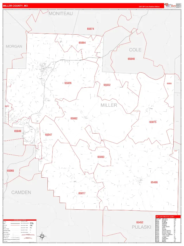 Miller County, MO ZIP Code Wall Map, RedLine style
