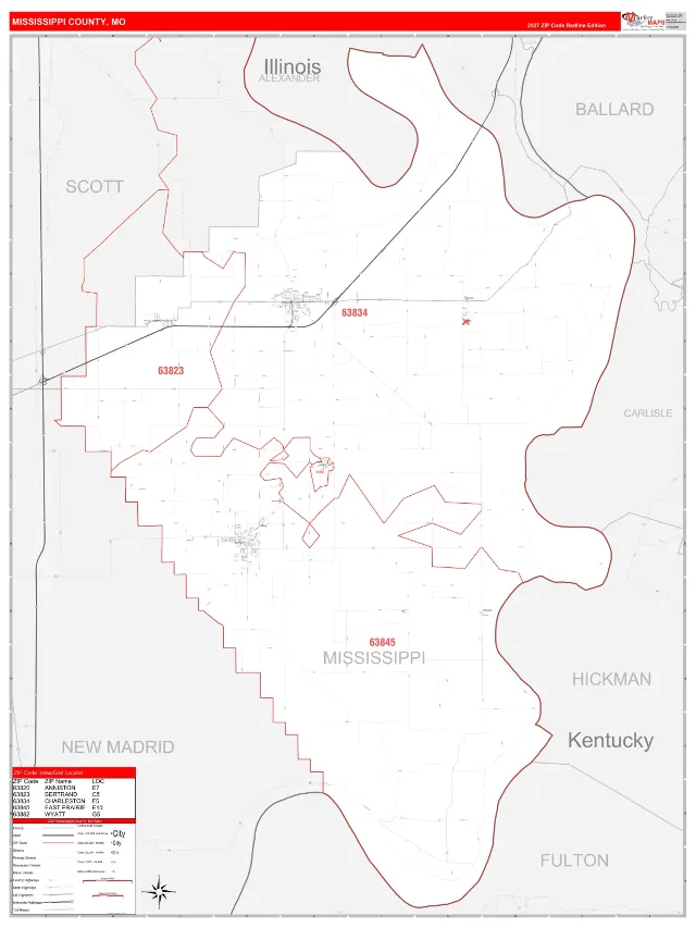 Mississippi County, MO ZIP Code Wall Map, RedLine style