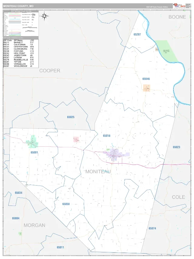 Moniteau County, MO ZIP Code Wall Map, Classic style