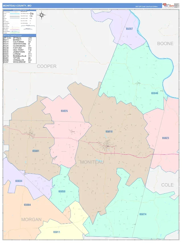 Moniteau County, MO ZIP Code Wall Map, ColorCast style