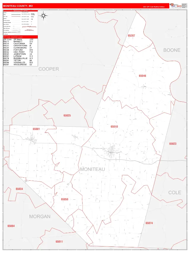 Moniteau County, MO ZIP Code Wall Map, RedLine style