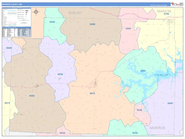 Monroe County, MO ZIP Code Wall Map, ColorCast style
