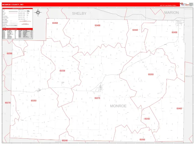 Monroe County, MO ZIP Code Wall Map, RedLine style