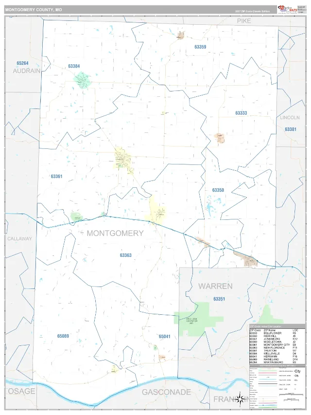 Montgomery County, MO ZIP Code Wall Map, Classic style