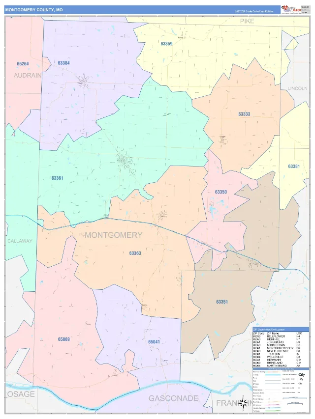 Montgomery County, MO ZIP Code Wall Map, ColorCast style