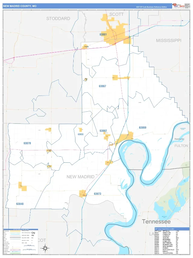 New Madrid County, MO ZIP Code Wall Map, Business Reference style