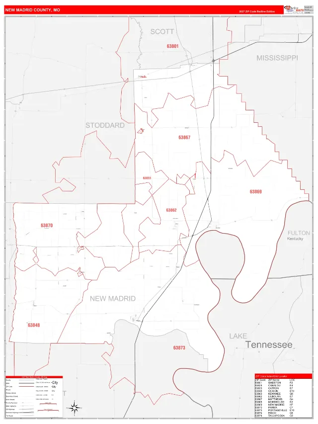 New Madrid County, MO ZIP Code Wall Map, RedLine style
