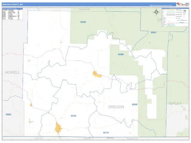 Oregon County, MO ZIP Code Wall Map, Business Reference style