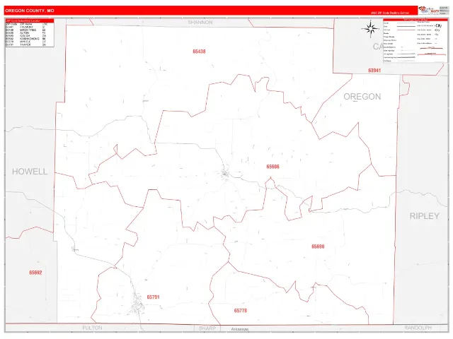 Oregon County, MO ZIP Code Wall Map, RedLine style