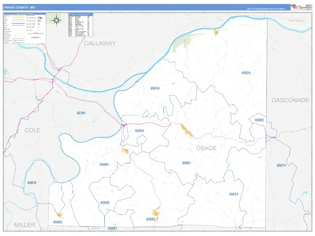 Osage County, MO ZIP Code Wall Map, Business Reference style