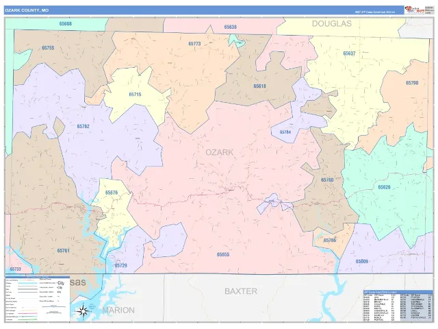 Ozark County, MO ZIP Code Wall Map, ColorCast style