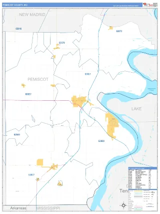 Pemiscot County, MO Business Reference style ZIP Code wall map